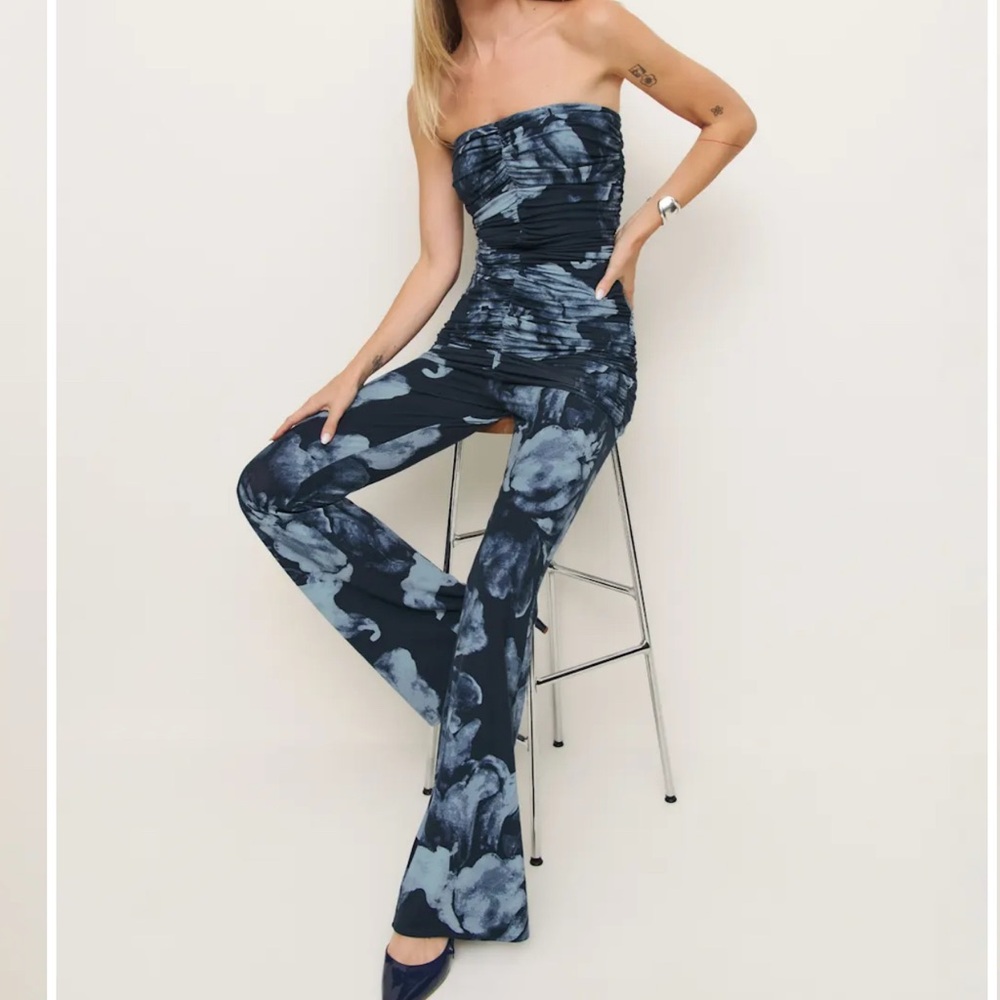 Reformation Navy Floral Strapless Jumpsuit